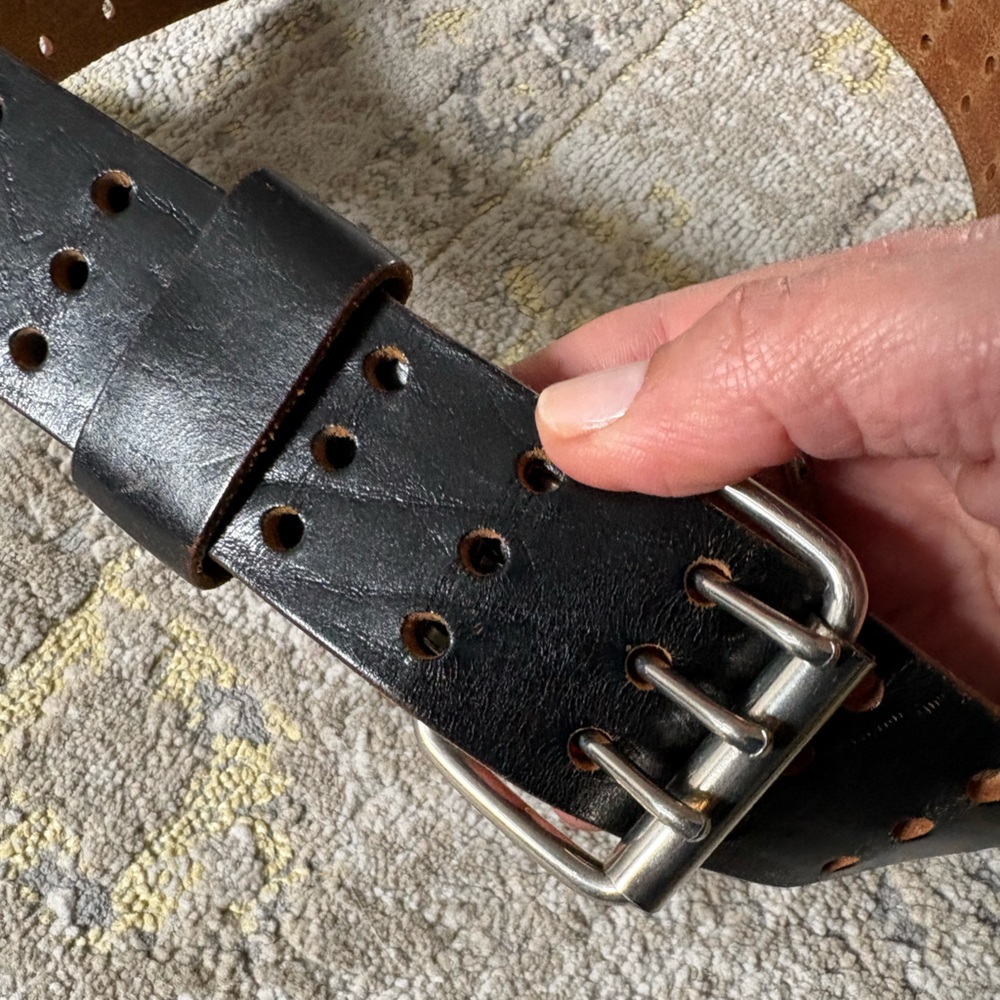 Black Perforated Leather Belt Triple Prong Buckle - Picture 4 of 8